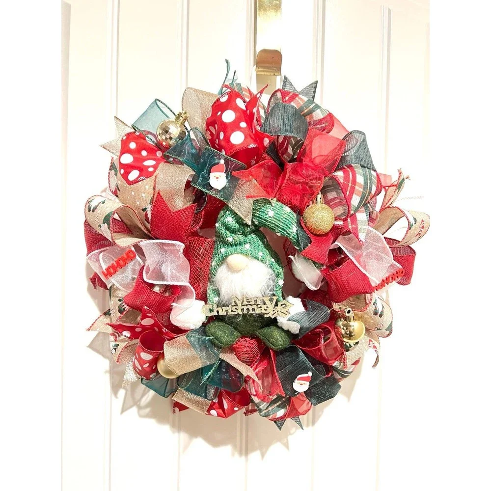 Handmade 13 inch Christmas Gnome Ribbon Wreath MW2